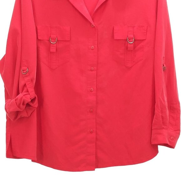 Rafaella Plus Size 3X Top Red Button-Down Shirt Adjustable Sleeves Front Pockets - Picture 4 of 8
